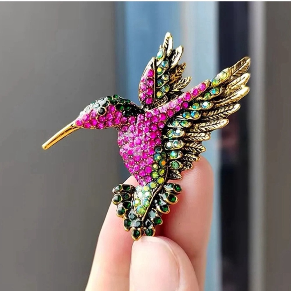 Hummingbird Bird Brooch - Pink & Green